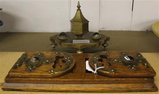 Cabochon set oak book slide & brass inkstand